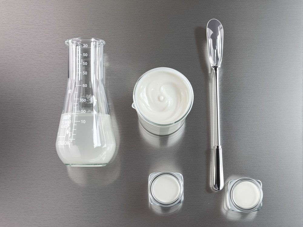 Laboratory bench with beakers used for custom cosmetic formulation development